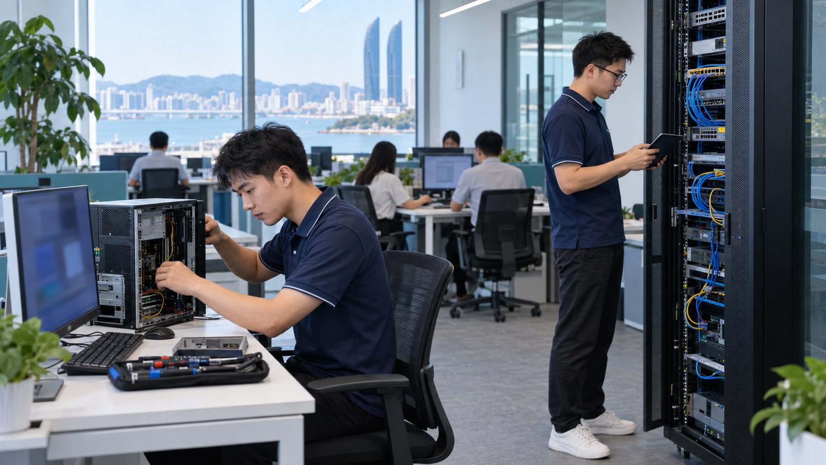 厦门企业电脑维修与IT运维工作场景,工程师分别检查办公电脑和网络机柜