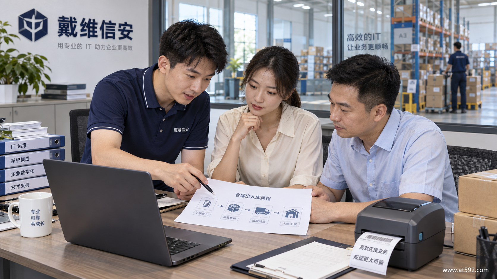IT工程师与企业人员讨论办公与仓储工作流程,AI场景示意图